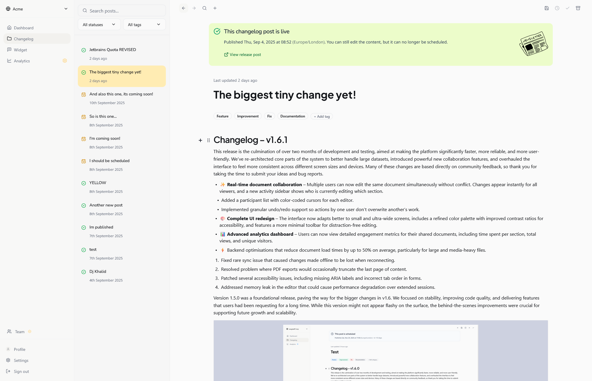 TinyChangelog Dashboard Screenshot
